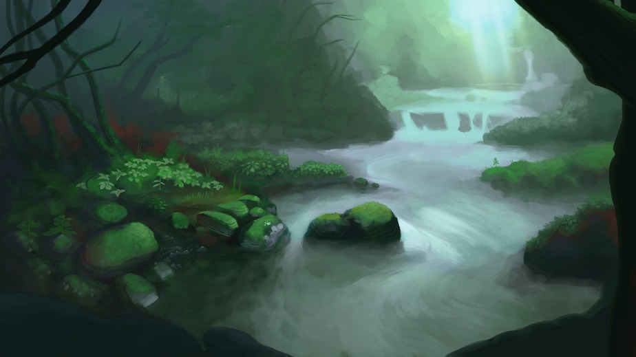 A green, shadowy forest with a river running through it.